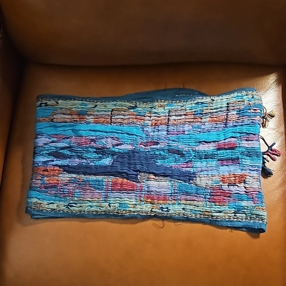 VTG Handwoven Turquoise Multi-color Rainbow Crinkle Fringe Scarf